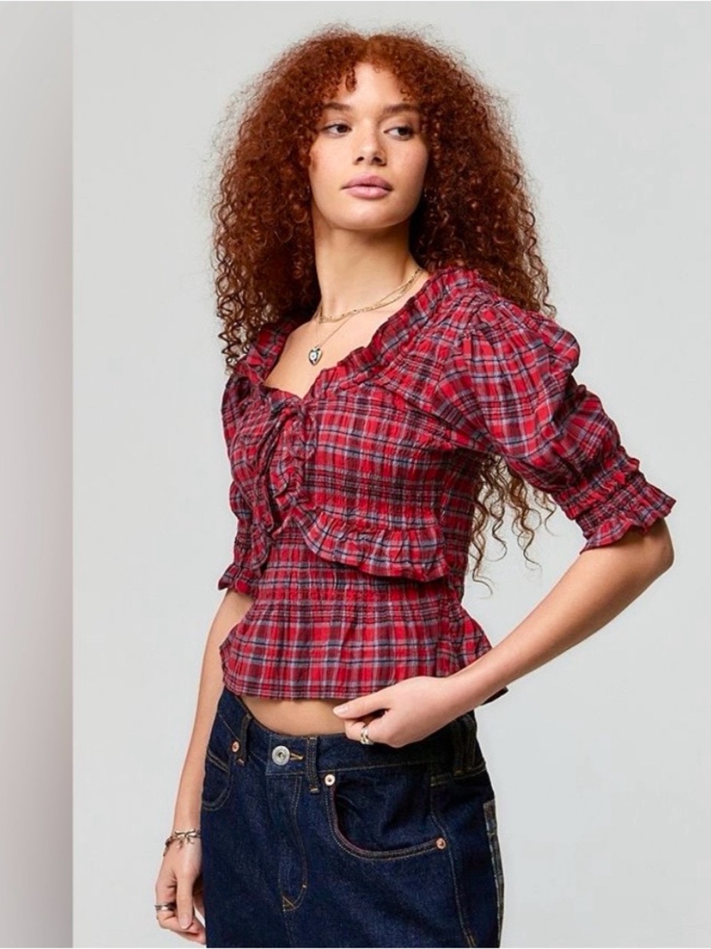 Damson Madder Megan Puffed Sleeve Red Plaid Ruffled blouse - Picture 4 of 7